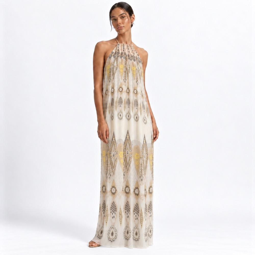 Reiss Liza Printed Occasion Maxi Dress Womens Size 4 Yellow Halter Boho Romantic
